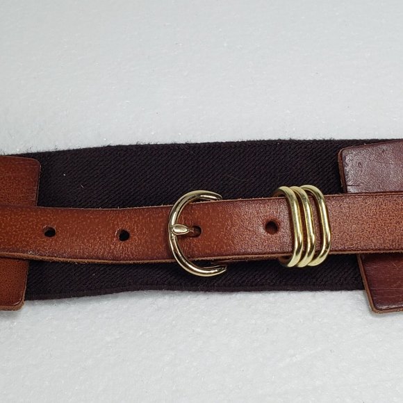 LP Linea Pelle Women's S Brown Leather Belt Black Stretch Elastic - Picture 3 of 8